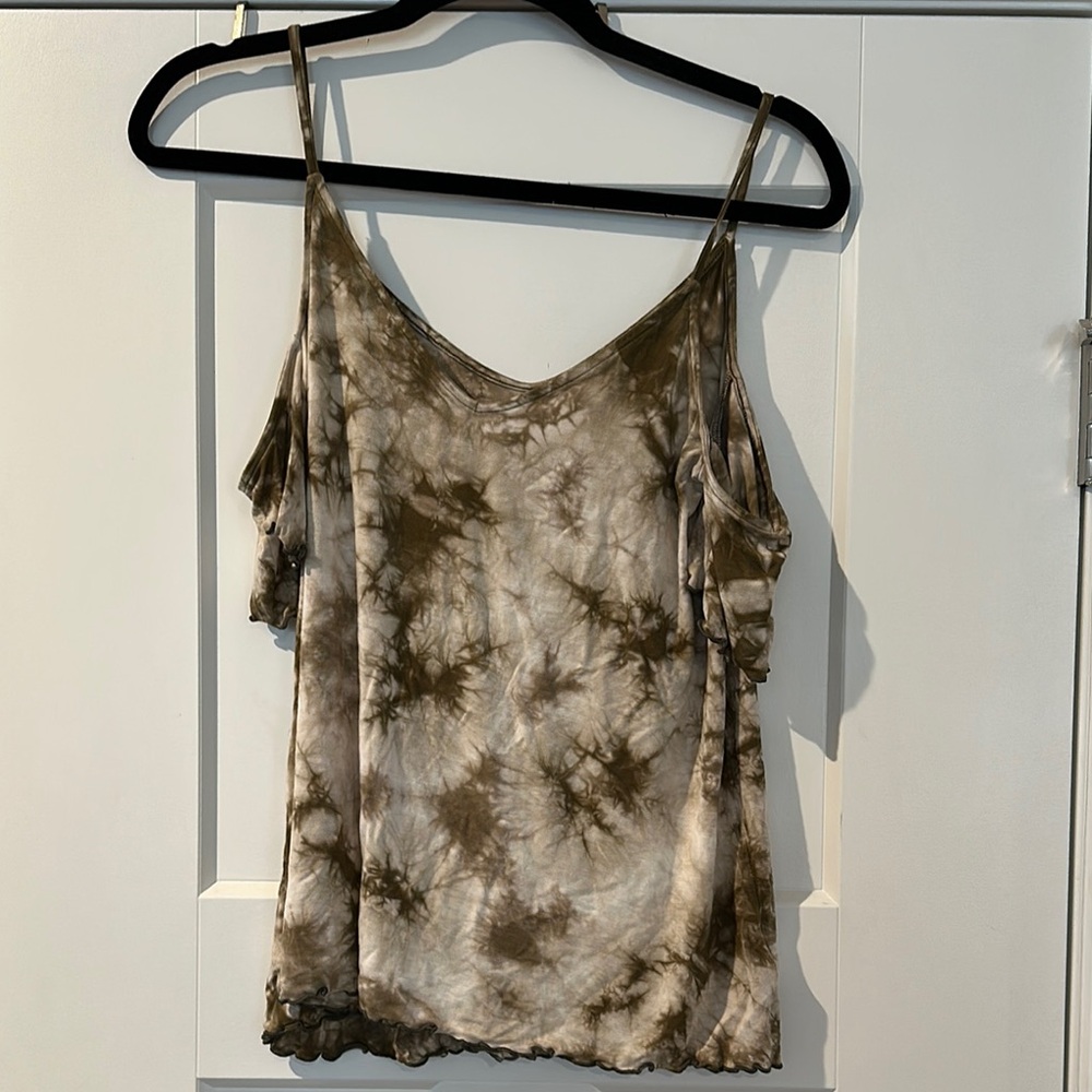 American Eagle Outfitters Green and Cream Tye Dye Cold Shoulder Top